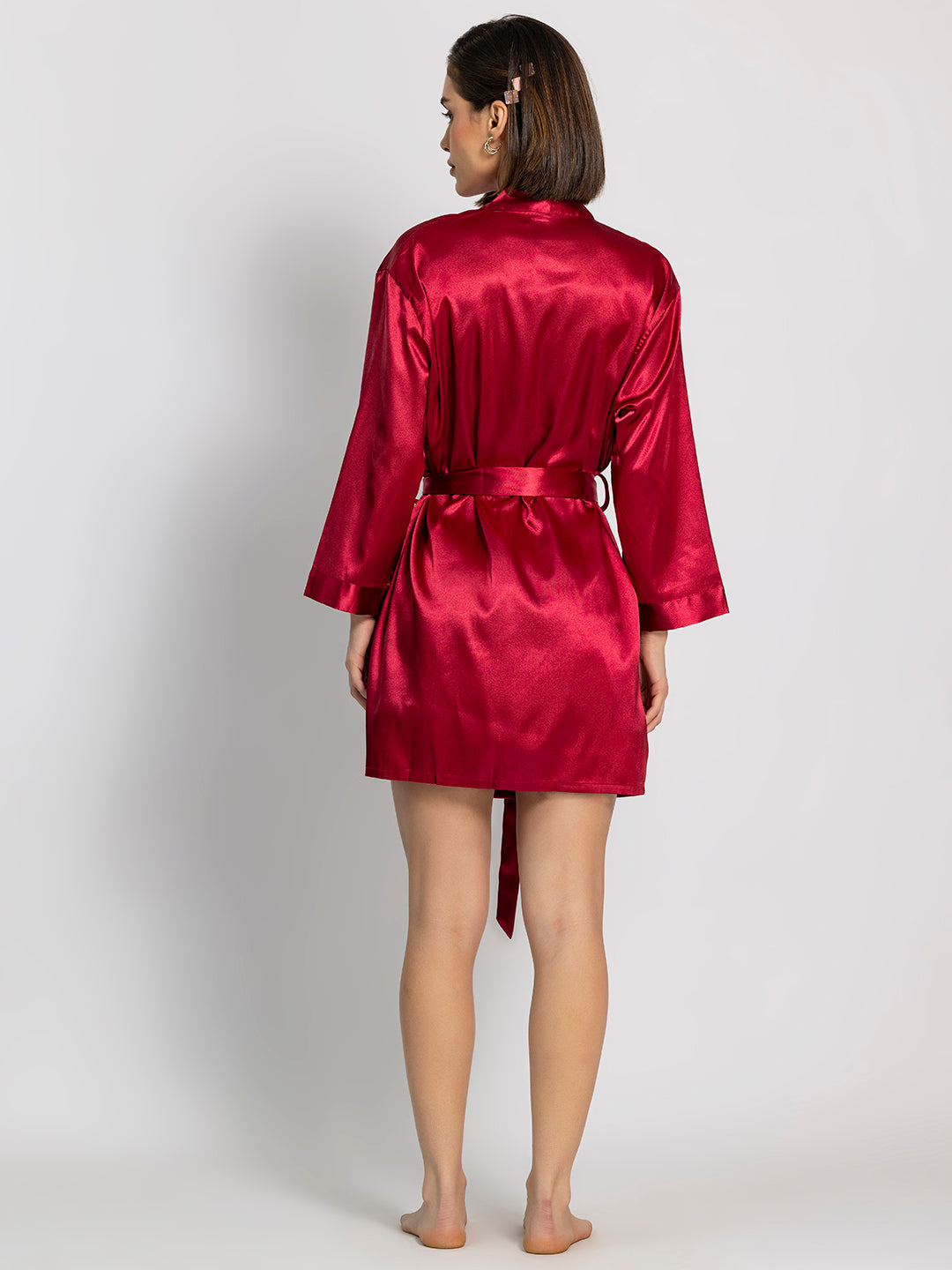 Red Satin Short Dress with Full-Sleeve Robe Set – Chelvet