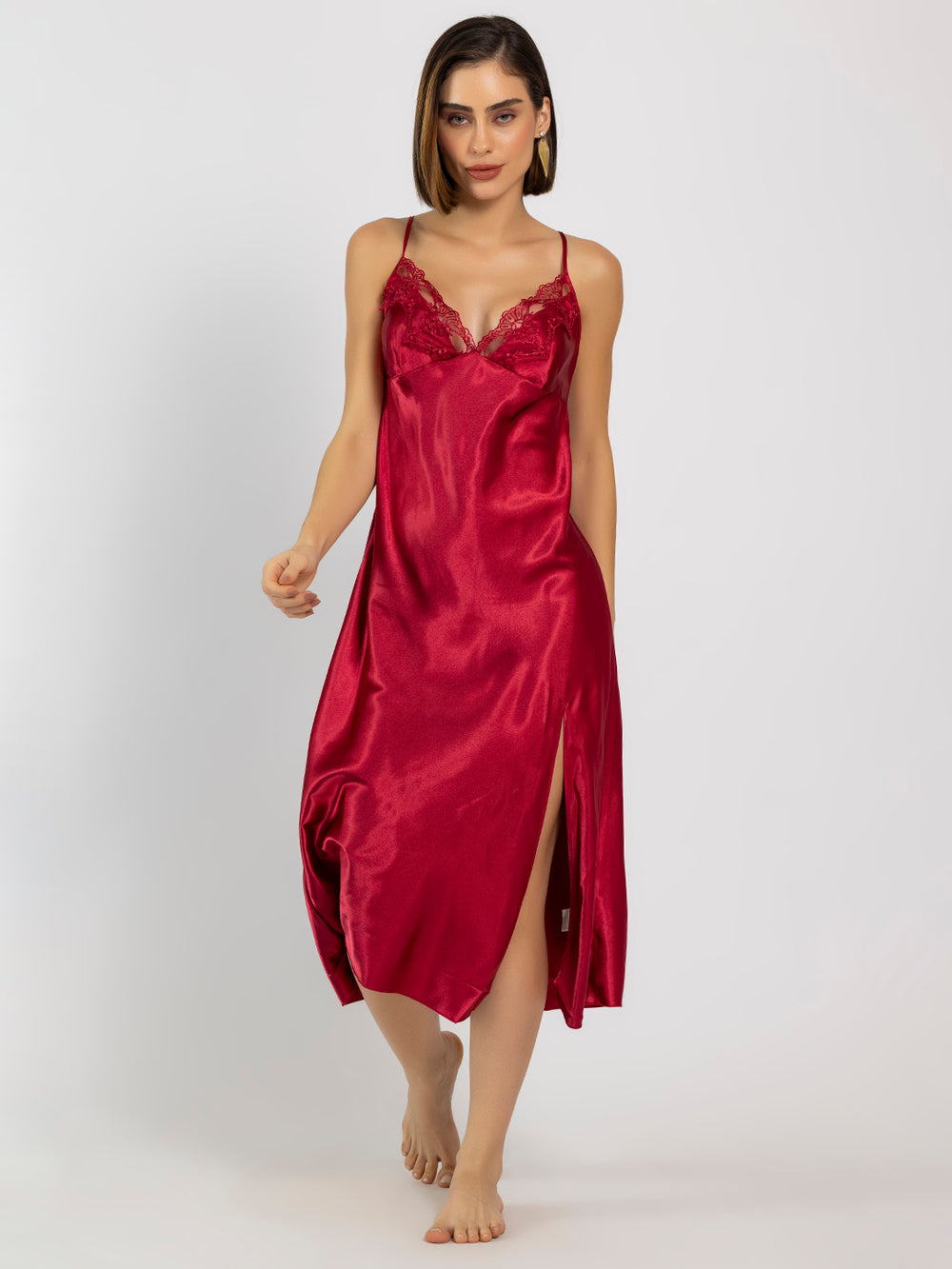 Satin Red Embroidered Midi Slip NightDress – Chelvet