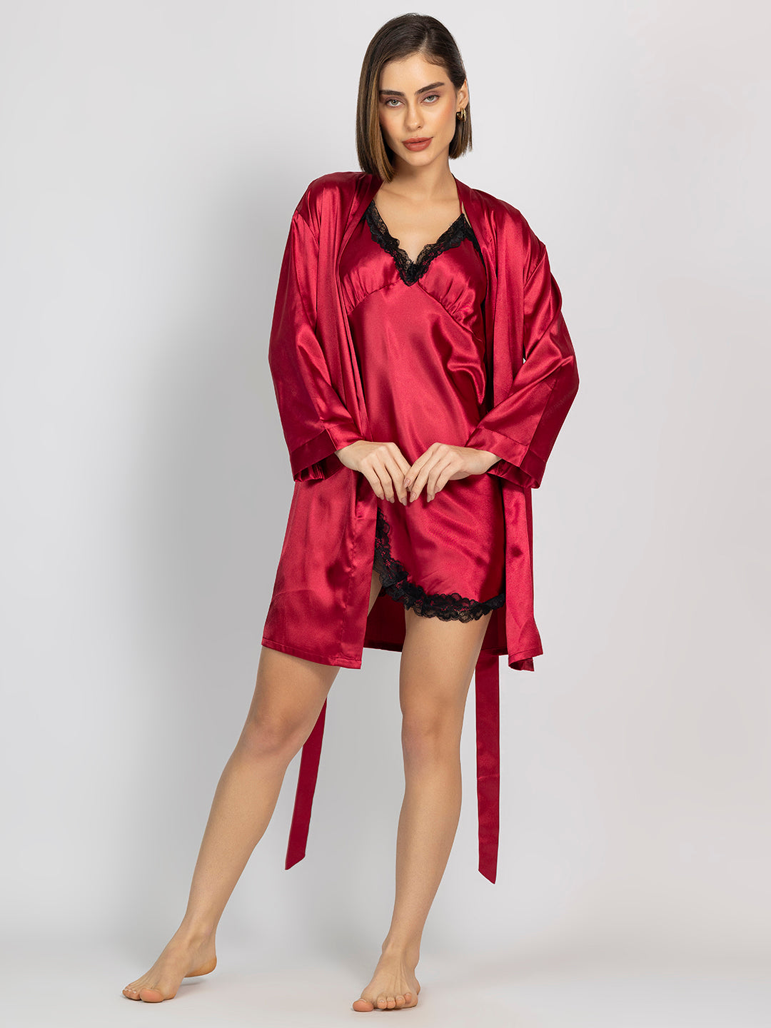 Red Satin Short Dress with Full-Sleeve Robe Set Chelvet Red Satin Short Dress with Full-Sleeve Robe Set Chelvet