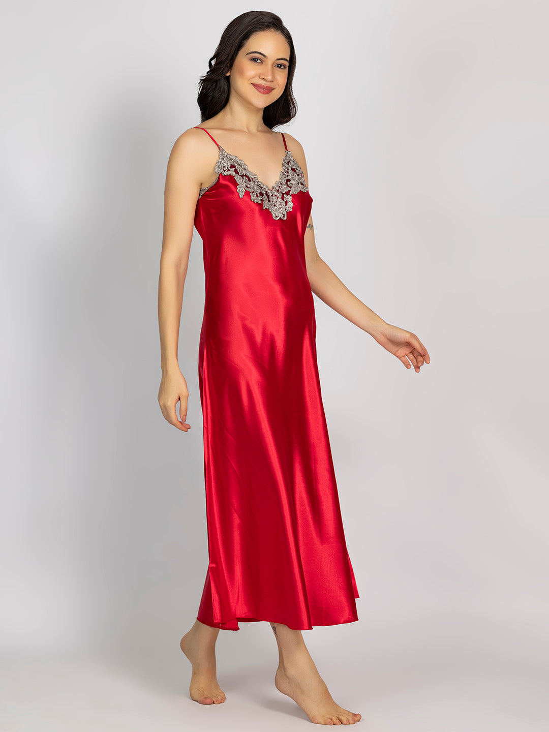 Red Maxi Night Dress with Full-Sleeve Robe – Chelvet