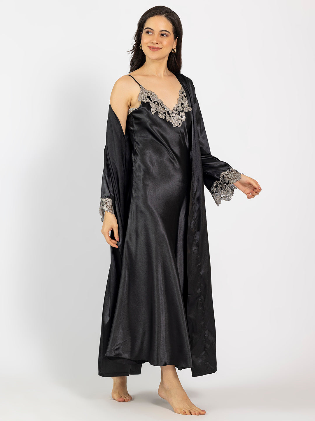 Black Maxi Night Dress with Full-Sleeve Robe  Chelvet