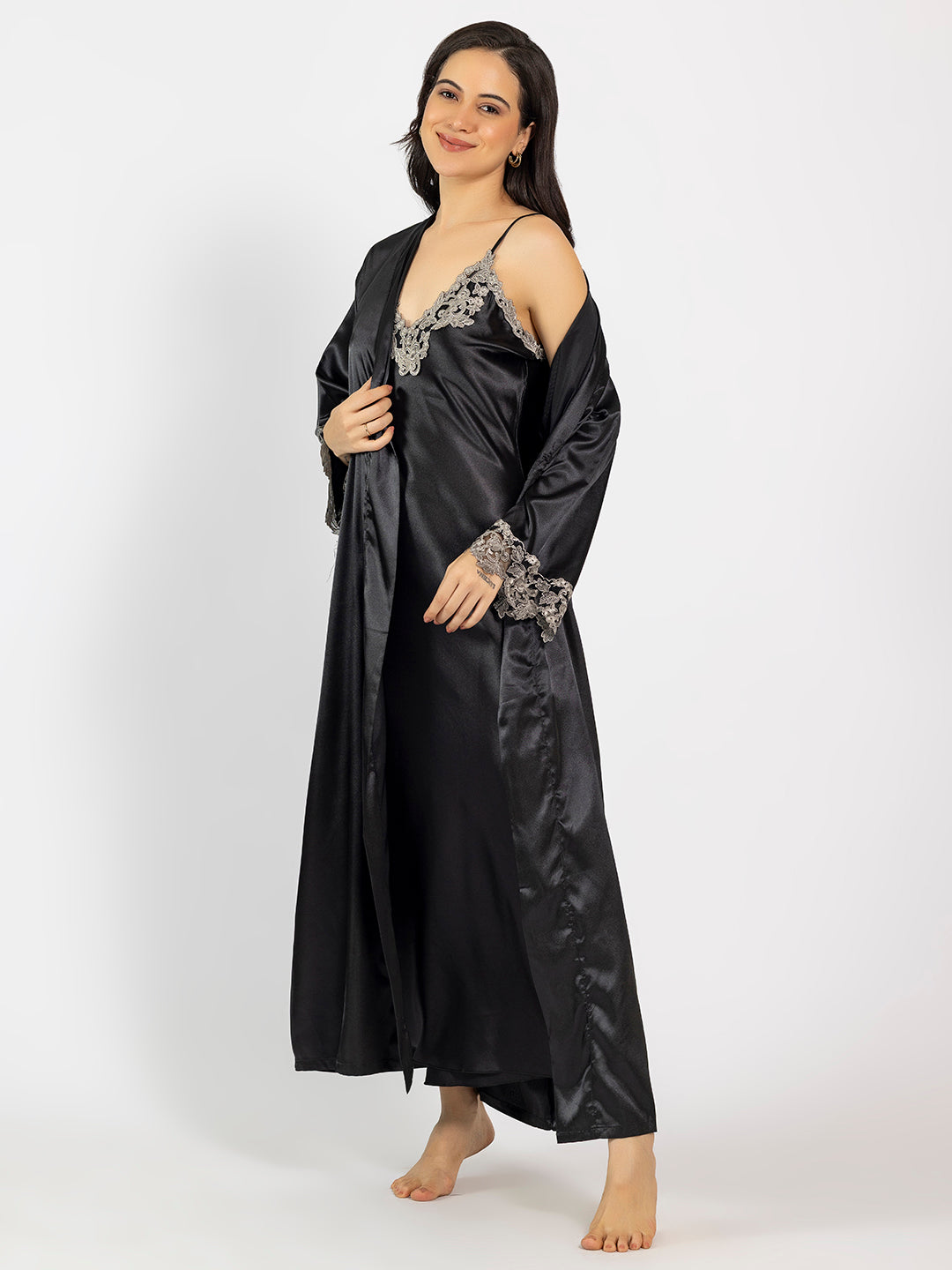black nighty dress Black Maxi Night Dress with Full-Sleeve Robe – Chelvet
