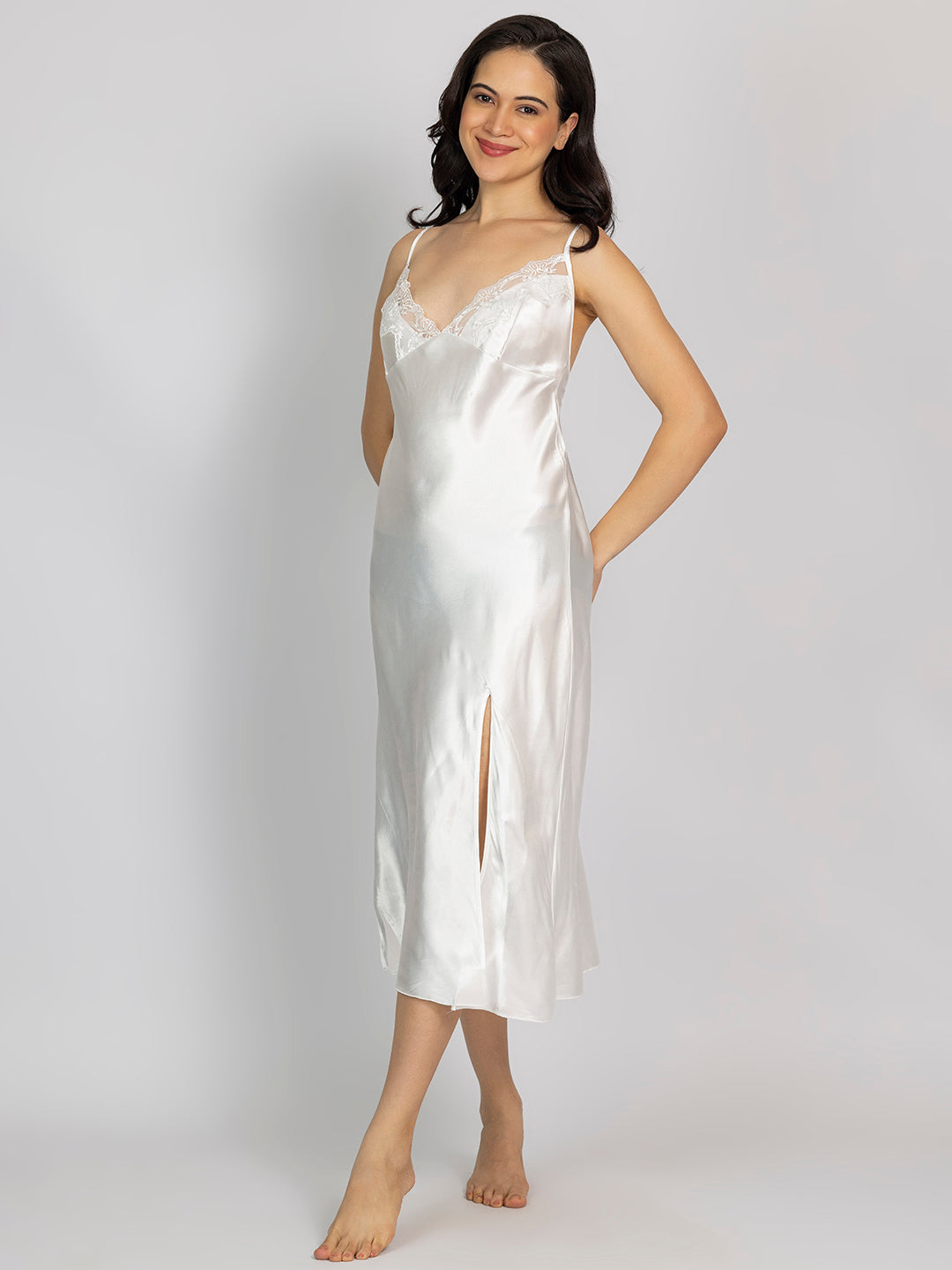 Satin Off White Embroidered Midi Slip NightDress Chelvet Satin Off White Embroidered Midi Slip NightDress Chelvet
